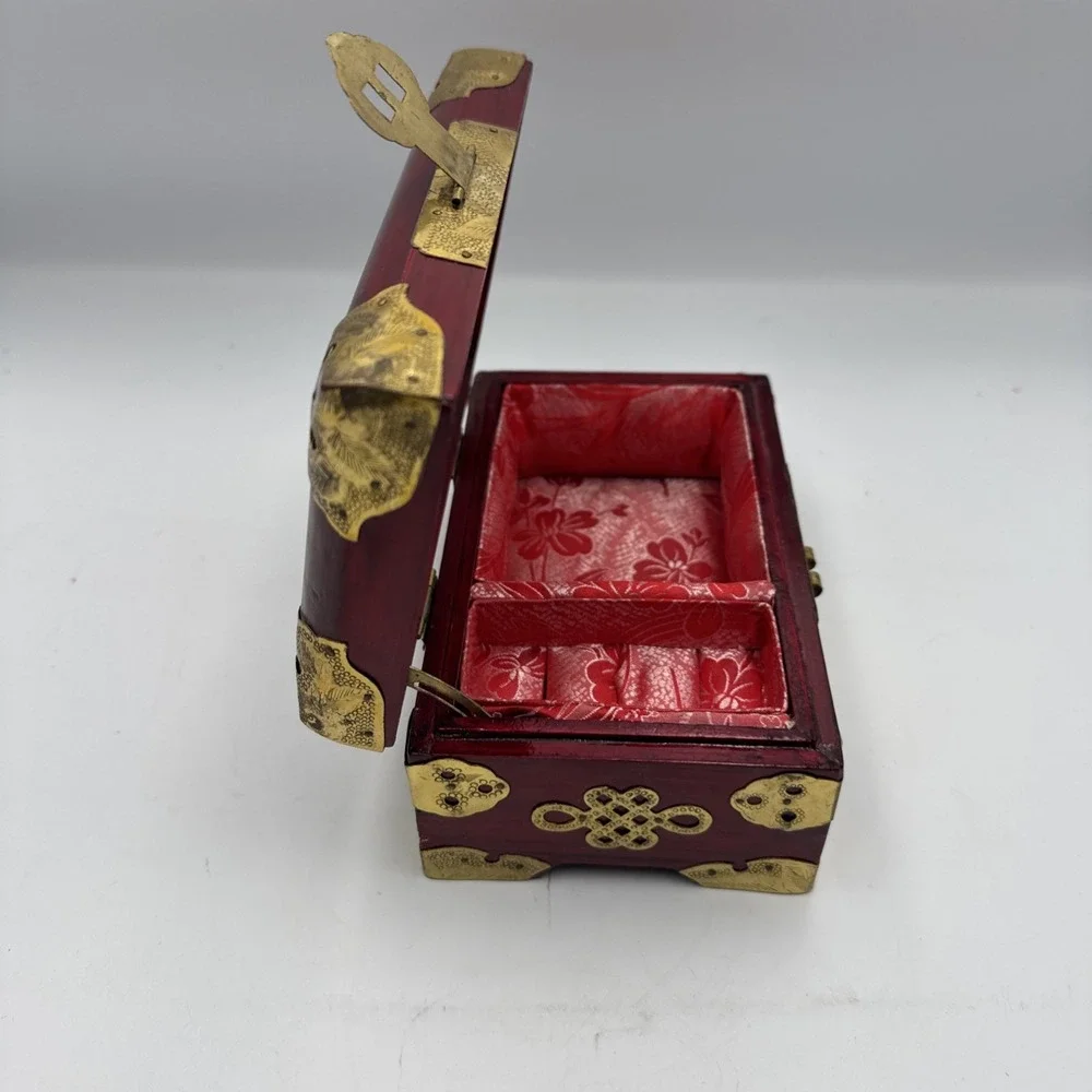 Vintage Chinese Rosewood Jewelry Box Jade Inlay Brass & Silk Accents